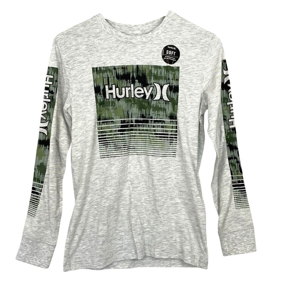 Hurley Long Sleeve T shirt Boys Large Gray‎ Camo Spellout Logo NEW